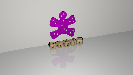 3D illustration of angel graphics and text made by metallic dice letters for the related meanings of the concept and presentations. background and art