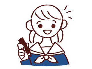 笑顔でペンを持つセーラー服姿の女の子　ひらめき