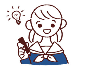 笑顔でペンを持つセーラー服姿の女の子　ひらめき