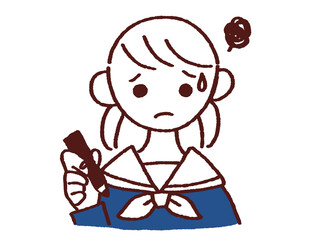 ペンを持ち困った顔をするセーラー服姿の女の子 