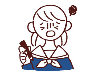 ペンを持ち困った顔をするセーラー服姿の女の子 