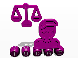 3D illustration of judge graphics and text made by metallic dice letters for the related meanings of the concept and presentations. court and law