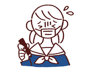 困り顔でペンを持つセーラー服姿の女の子 マスク着用