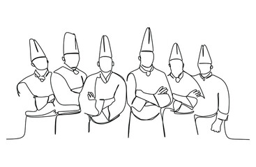 Group of chefs standing facing the camera. Continuous one line drawing. Vector illustration