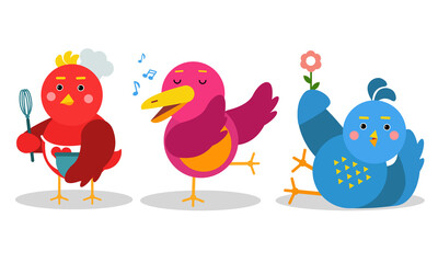 Funny Cartoon Birds Tweeting and Cooking Vector Set