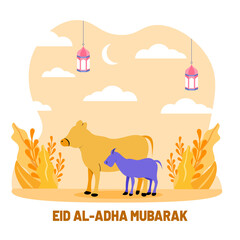 Cow and goat flat illustration. Islamic design illustration concept for Happy eid al adha or sacrifice celebration event with animal character.