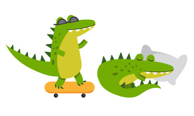 Cute Green Crocodile Sleeping on Pillow and Skateboarding Vector Illustration Set