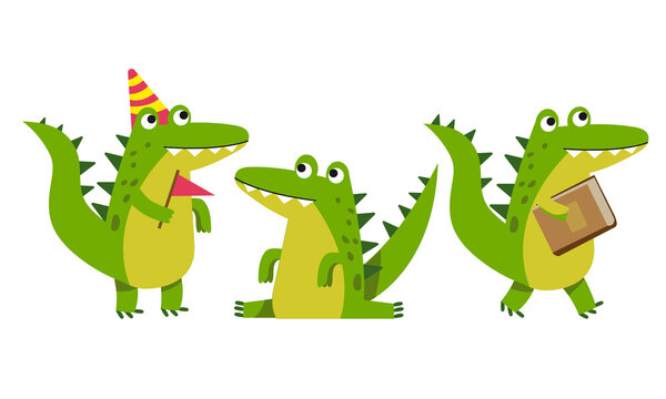 Cute Green Crocodile Sitting and Carrying Book Vector Illustration Set