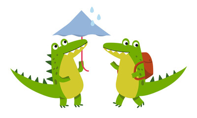 Cute Green Crocodile Walking with Backpack and Holding Umbrella Vector Illustration Set