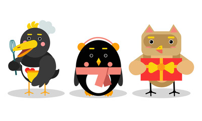 Funny Cartoon Birds Cooking and Listening to Music Vector Set