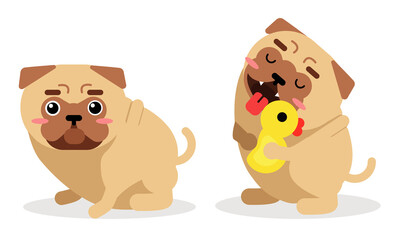 Cute Pug Hanging out Tongue and Sitting Vector Set