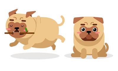 Obraz na płótnie Canvas Cute Pug Running with Stick and Sitting Vector Set