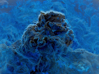 Recreación de una tempestad en un pequeño islote. Ilustración de un pequeño islote rocoso en medio de una fuerte temporal de mar y viento, cubierto por las olas y la espuma del mar.