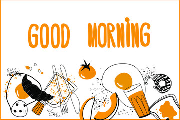 Cute card. 
Breakfast. Various elements of scrambled eggs, tomato, toast, coffee, fruits. Linear drawing style. Design for banner, card, placard, brochure 