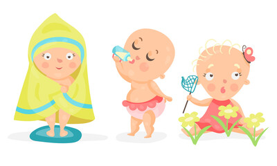 Toddler or Baby Drinking Milk from Bottle and Catching Butterflies Vector Illustration Set