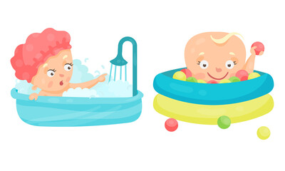 Toddler or Baby Playing with Balls and Bathing in Bathtub Vector Illustration Set