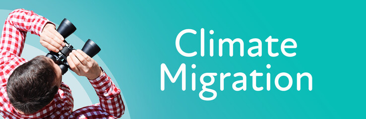 Fototapeta premium Climate Migration. Businessman (man) looks through binoculars. Birds eye view. Focus on text. Blue Background. Business, Finance, Statistics, Analysis, Economy
