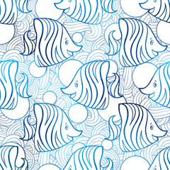 Cute tropical fishes seamless pattern. Undewater doodles background.