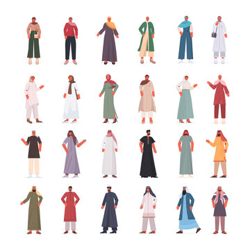set arabic men women in traditional clothes arab male female cartoon characters collection full length isolated vector illustration