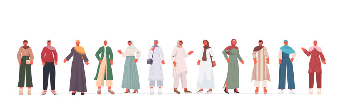 set arabic women in traditional clothes arab female cartoon characters collection full length isolated horizontal vector illustration