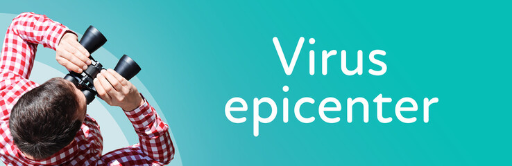 Fototapeta premium Virus epicenter. Businessman (man) looks through binoculars. Birds eye view. Focus on text. Blue Background. Business, Finance, Statistics, Analysis, Economy