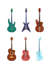 Guitars colored set. String instruments acoustic jumbo dreadnought deck form retro and modern equipment for blues jazz bands form of classical electric musical entertainment. Vector rock.