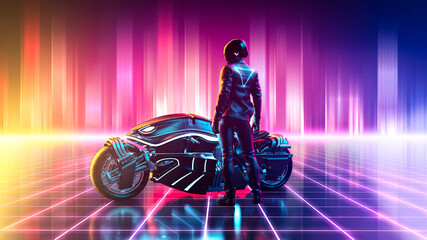 Cyberpunk motorbike on a vibrant colorful retrowave landscape with a grid pattern in the cyberspace horizontal version - concept art - 3D rendering 