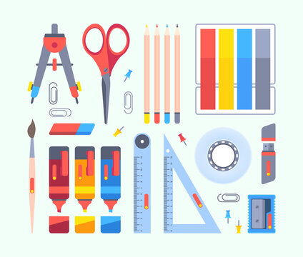 Stationery tools for study and work set. Accessories drawing painting pencils coloring plasticine box markers blue red geometric compass with scissors paper clips pins fastening. Flat vector design.