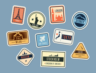 Travel badges set. Vintage stickers with city names and sights. Vector illustration for summer vacation, holiday, tourism concepts, touristic label templates