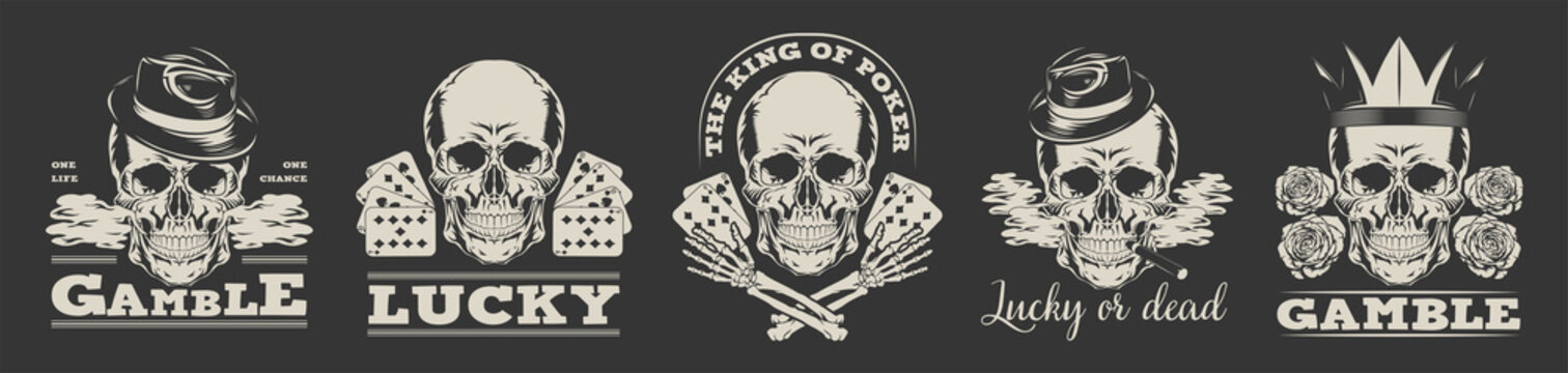 Gambling logos set. Vector illustration in vintage style of skulls in gangster top hats or crown with playing cards and text samples. Can be used for poker club labels, casino concept