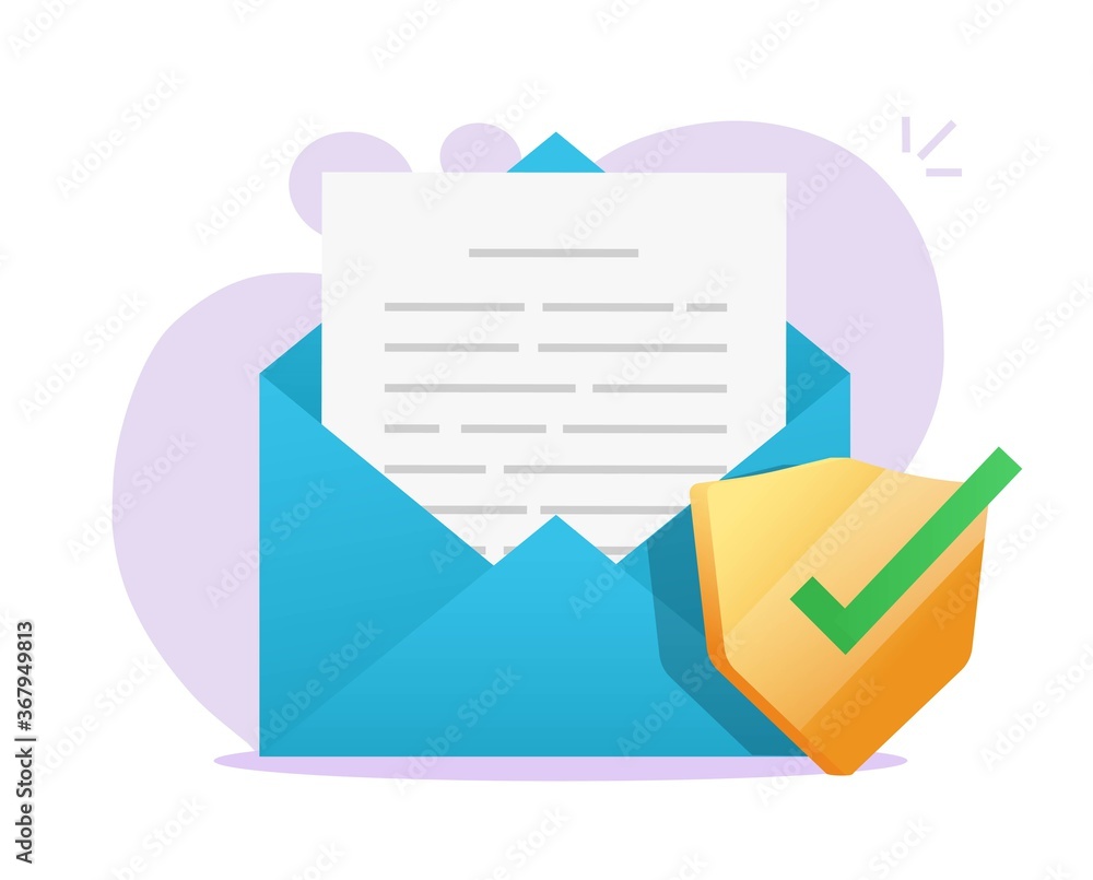 Poster email document secure shield icon on electronic mail letter text file on laptop computer, digital pr