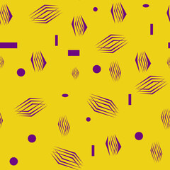 Abstract shapes, seamless pattern, yellow with purple shapes