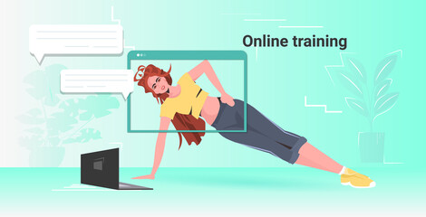 young woman doing yoga fitness exercises online training healthy lifestyle concept girl watching tutorials on laptop horizontal copy space vector illustration