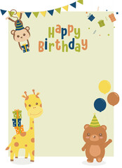 The monkey is holding a gift box, the giraffe has a gift box on the back, the bear is walking, holding a balloon, Green Animal birthday card with text space, Cute Birthday invitation card, 