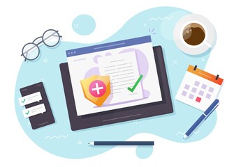 Life insurance policy vector, health medical coverage electronic document online form or digital patient healthcare medicare risk protection claim with shield checkmark flat cartoon concept