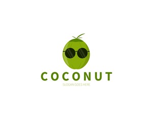 Coconut fruit logo. Coconut with glasses vector design.