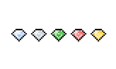 Pixel art cartoon diamond icon set.