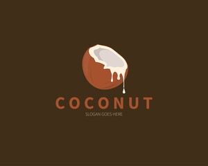 Coconut fruit logo. Cracked Coconut with coconut milk vector design.