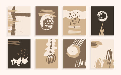 Unusual white, brown, beige cards. Pastel brochures. Set of abstract vector backgrounds. Hand-drawn spots and waves. Handmade ink illustration. Vector texture for design. Jagged grunge lines.