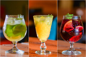 Cocktail collection over blurred background. Collection of different images of alcohol. Alcohol drinks collage. Banner.