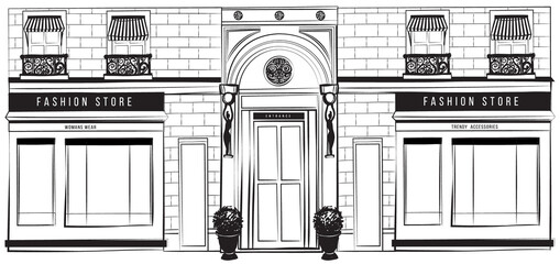 Vector shopfront detailed graphic illustration. Design vintage boutique facade. Modern fashion shop exterior with arch entrance, balcony, brick wall