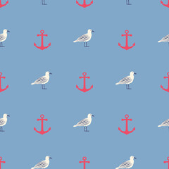 Seamless nautical pattern with anchors and seagulls. Sea concept backdrop.