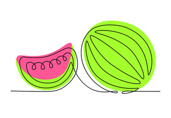 Сontinious one line drawing of watermelon in minimalist style. Simple colorful sketch of fruits isolated on white background for logo and posters. Vector illustration