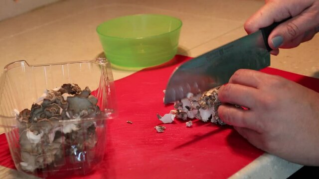 Hands slicing a cluster of maitake mushrooms on a red cutting board with a santoku chef knife and putting cut mushrooms into a bowl
