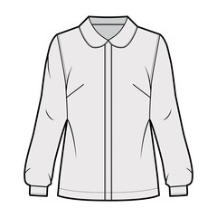 Round collar shirt technical fashion illustration with loose silhouette, long sleeve with cuff, front button fastening. Flat apparel blouse template front, grey color. Women, men unisex top CAD mockup