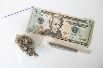 CBD THC herb. The pot buds. Cannabis money black market. Cannabis in Economics.