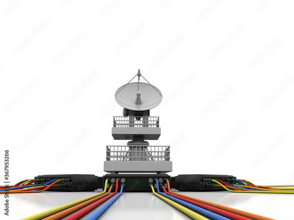 Poster satellite dish and spaceship with wifi modem, 3d rendering
