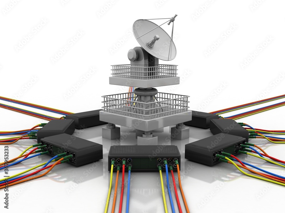 Poster satellite dish and spaceship with wifi modem, 3d rendering