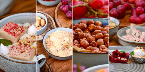 Collage of different traditional Georgian desserts. Ice cream, candied fruit, grapes. Collection of desserts. Banner.