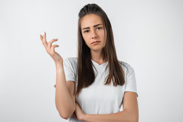 What the hell are you talking about, nonsense. Studio shot of frustrated female with long chestnut hair gesturing with raised palm, frowning, being displeased and confused with dumb question.